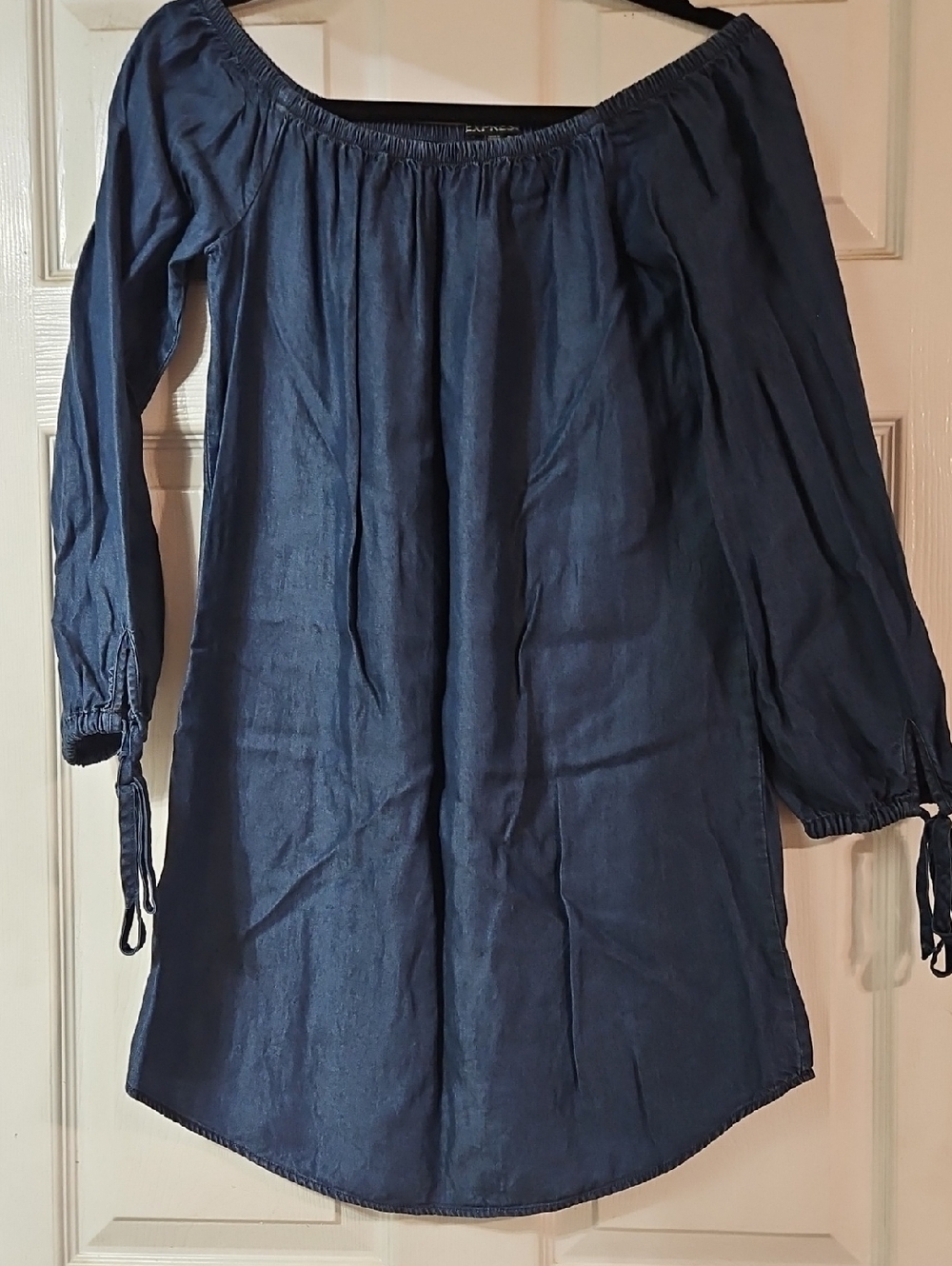 Express Off-the-Shoulder Denim Dress in Dark Blue